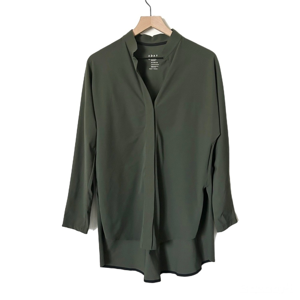 ADAY Something Borrowed Shirt Green-Gray Technical High-Low Long Sleeve Sz Small - Picture 2 of 5